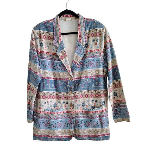 Vivaldi Large Floral Southwestern Blue Red Denim Blazer Jacket Shoulder Pad Vtg - Picture 1 of 9